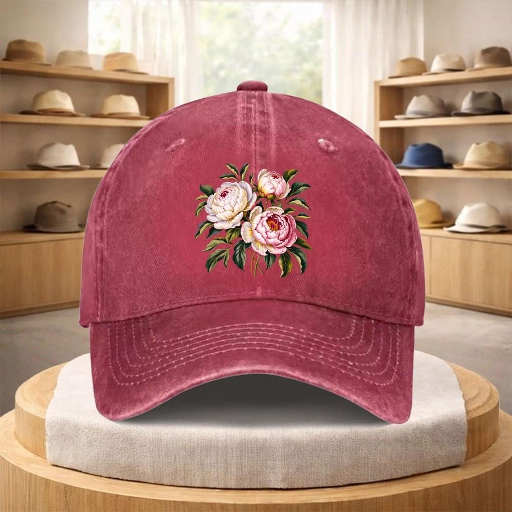 Peony Print Gewaschene Denim Baseballkappe Vintage Verstellbarer Riemen Lässige Sportkappe