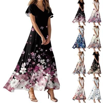 Women's Summer Casual Fashion Solid Color Dresses V-Neck Short Sleeve Dresses