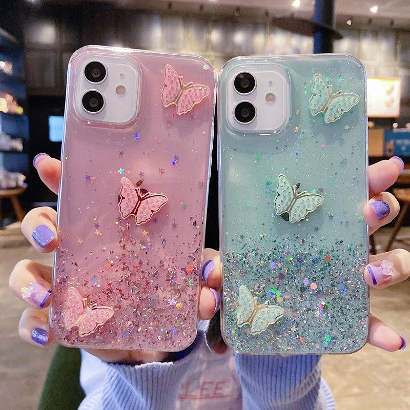 

For iPhone 11 Case TPU Phone Protective Cover Sequins Epoxy Butterfly Design Transparent