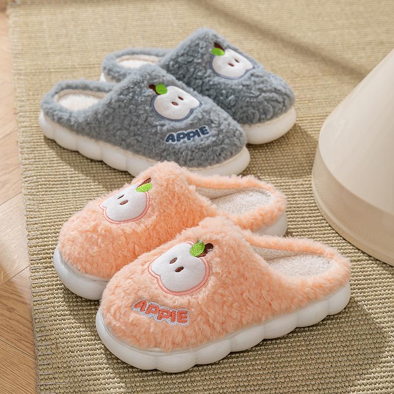 Cotton slippers apple embroidery autumn and winter thick-soled velvet warm home cotton shoes couple shoes