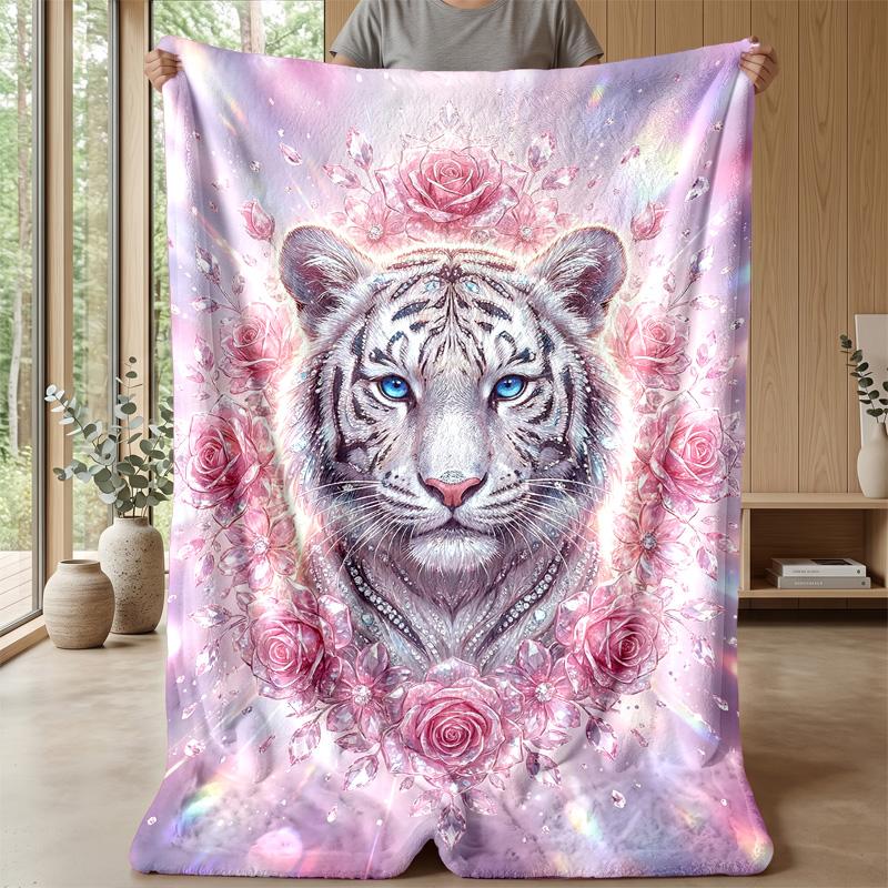Elegant Tiger with Roses Theme blanket Lightweight Warm Flannel Blanket Decorative Throw Blanket for Home Decoration