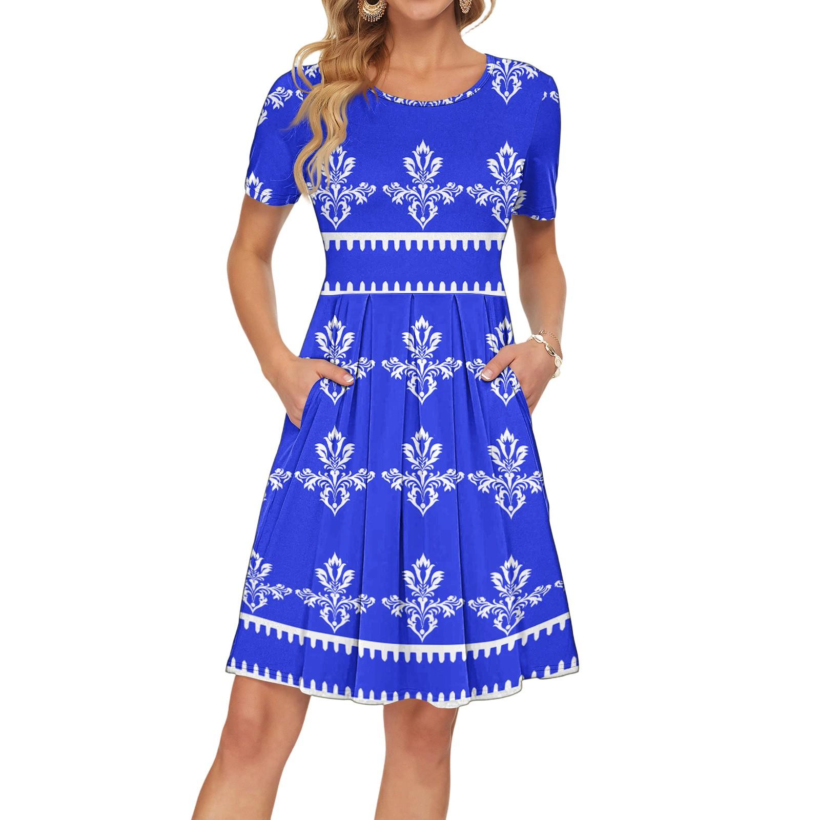 

Women Casual Short Sleeve Summer Dresses Spring Crewneck Patchwork Boho Floral Cocktail Party Dress S синій