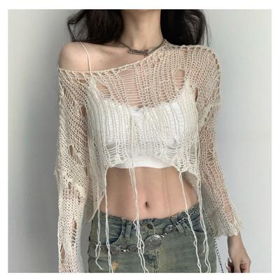 Dámské pletené tričko Y2K Hollow Out Knitwear Oříznutý svetr Spring Short Networks Jumper Vintage korejské oblečení