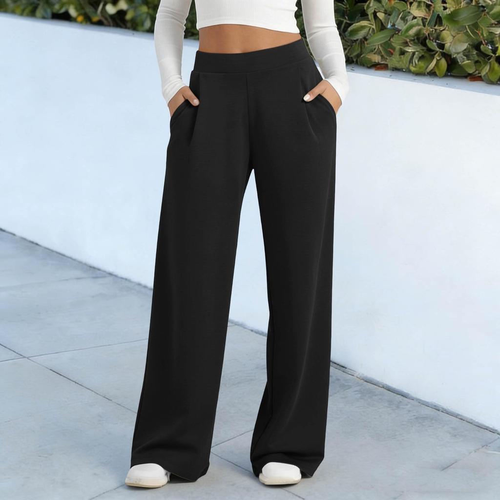 Women's Color Wide Leg Pants with Pockets - Casual Straight Leg Relaxed Fit Trousers for Everyday Wear