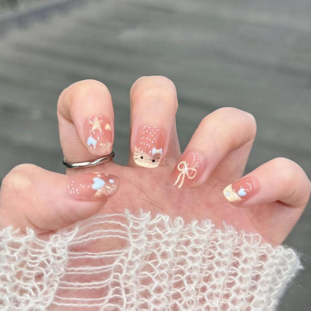 Blush French Cat Eye Princess Bow Nails - Handmade Wearable Nail Art