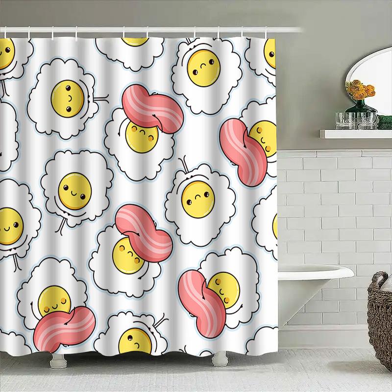 Adorable Kawaii Cartoon Bacon And Egg Shower Curtain For Bathroom Decor White With Pink And Yellow Accents (Size: 72X84 Inches)