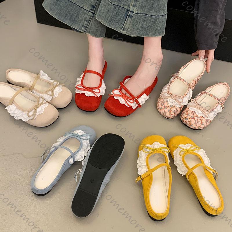 Fashion Comemore Summer New Women's Mary Jane Shoes Square Toe Flat Buckle Suede Lace Bowknot Gentle Sweet Mules Baotou Half Slippers