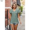 DX~~Summer New Solid Color Double Sleeve V-Neck Loose Short Sleeve T-shirt Top