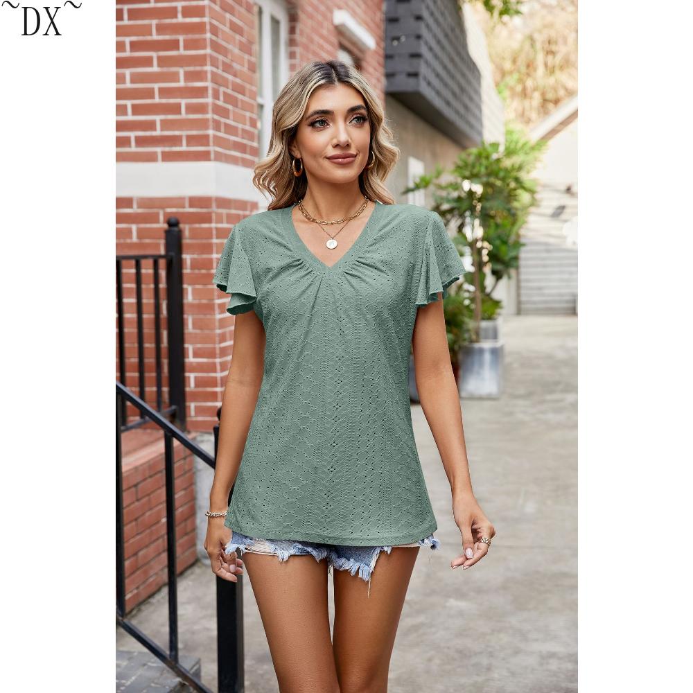 DX~~Summer New Solid Color Double Sleeve V-Neck Loose Short Sleeve T-shirt Top