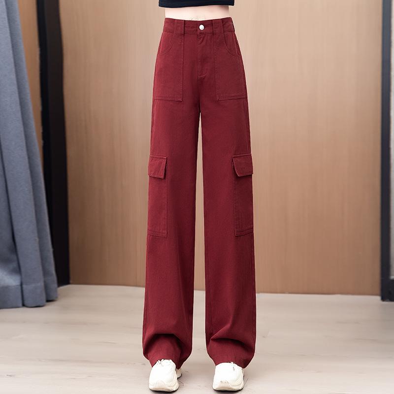 Women's Burgundy High-Waist Wide-Leg Pants - Slimming & Versatile for Spring/Autumn 2025