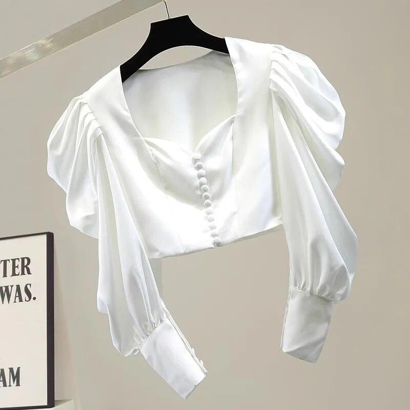 Autumn Vintage Shirts Fashion Women Tops Spring Lantern Sleeve Shirt Women Casual Blouse Loose Shirt Clothes 29536