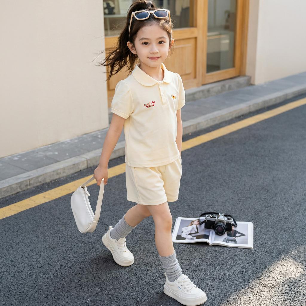 Girls' Short-sleeved T-shirt Set For Summer Children's Casual Embroidered Polo Shirt Set
