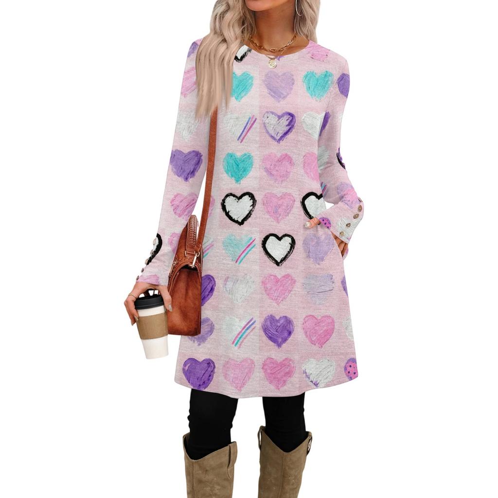 Women's fashion casual pocket decorative button dress round neck long sleeve printed dress