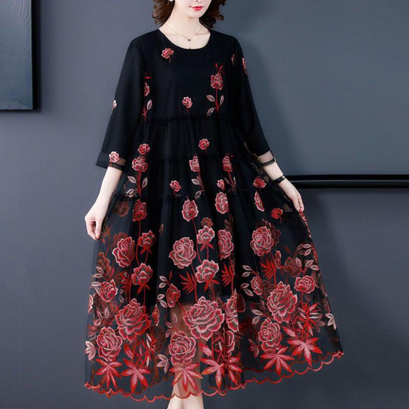 Rochie lungă rotundă brodată pentru femei, plasă, toamnă, largă, linie A, mărimi mari