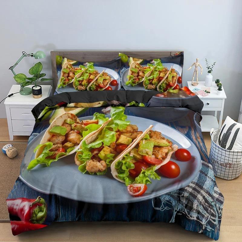 Essen Rindfleisch Bettwäsche Set 3D Frisches Fleisch Bettbezug King/Queen Größe Köstliche Meeresfrüchte Sashimi Hähnchenschenkel Steak Realistischer Bettdeckenbezug
