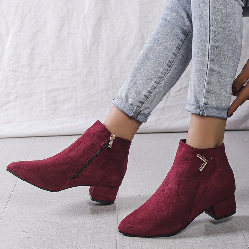 Fashion Burgundy Faux Suede Ankle Boots Women Spring Autumn 2025 Classic Metal Decoration Boots Woman Zipper Pointed Toe Botas Mujer
