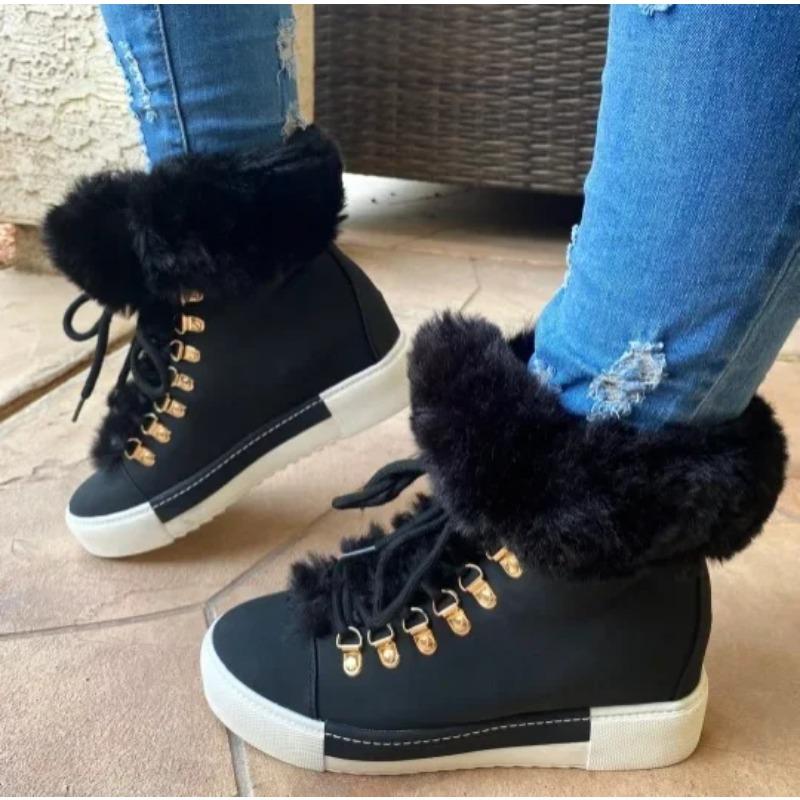 Women's Boots Christmas Fashion Lace-Up Fuzzy Lined Ankle Boots Casual Round Toe Flat Boots