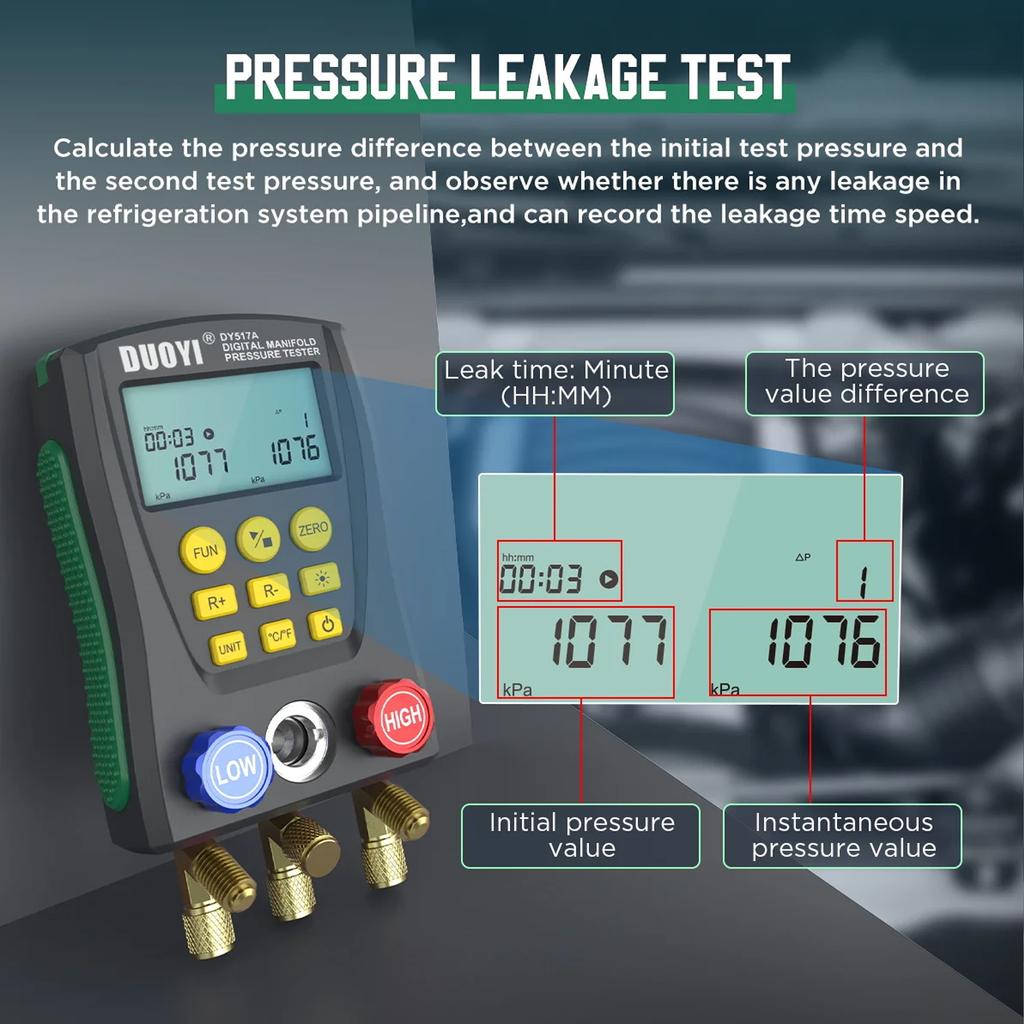 DY517 Digital AC Refrigerant Gauge Kit, HVAC Vacuum Pressure Meter, Electronic Manifold (Batteries Not Included)