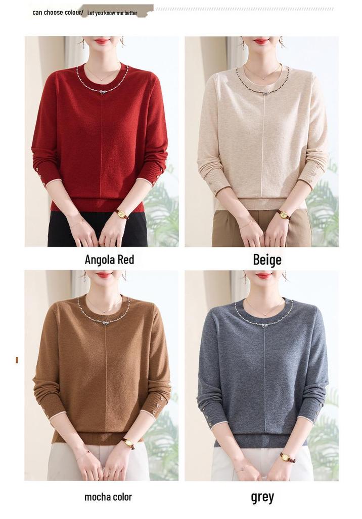Elegant Round Neck Long Sleeve Knitwear for Middle-Aged Women – Plus Size Spring & Autumn Sweater