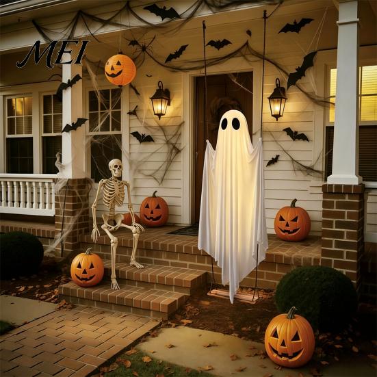 Floating Ghost for Patio Trees Halloween Hanging Swing Decor with String Lights, Glowing Adjustable Swinging Props Ornament Yard Tree, Outdoor Spooky