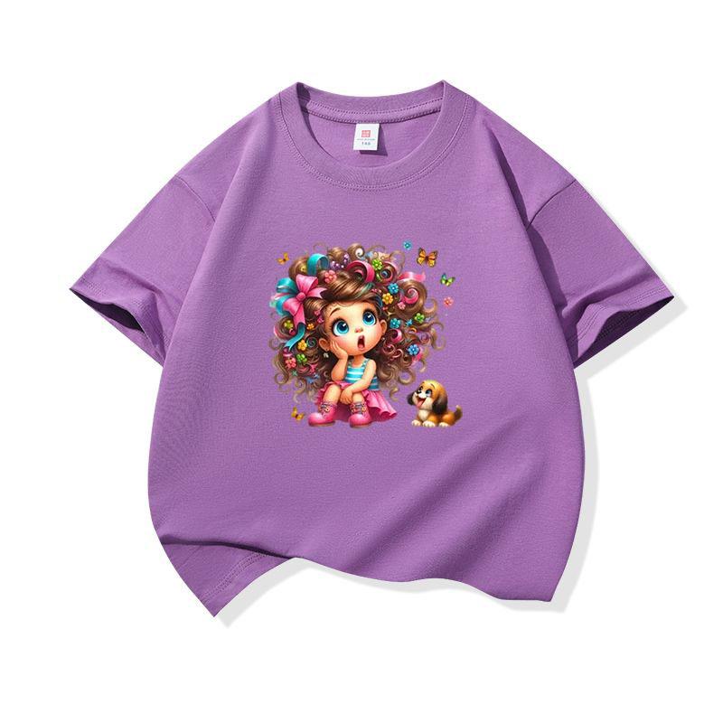 Kids Cotton T Shirt Floral Curly Hair Girl Sitting With Puppy Dog Print Crew Neck Short Sleeve Tee Casual Boys Girls Summer Tops