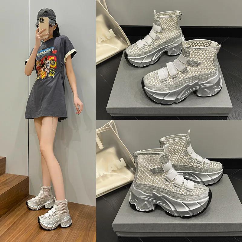 Fashion 7cm Air Mesh Denim 2024 Synthetic Breathable Ankle Boots Summer Hollow Ziper Boots Woman Fashion Shoes Comfortable Sandals