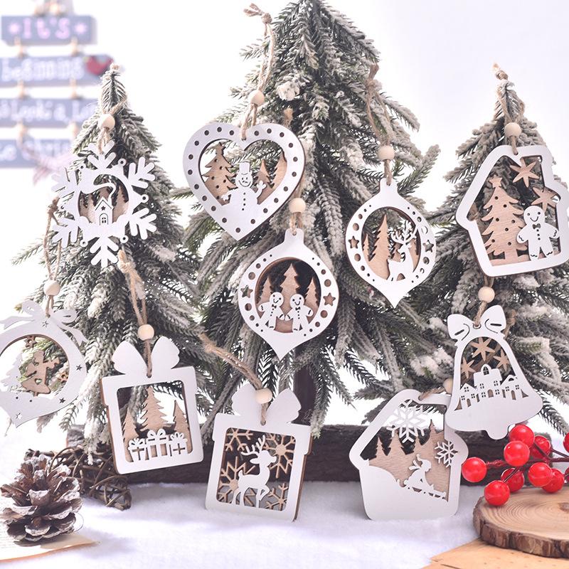 Christmas Decorations, Christmas, Wooden Pendants, Laser Hollow Out, Double-layer, White Hanging Decorations, Christmas Tree Snowflake Pendants