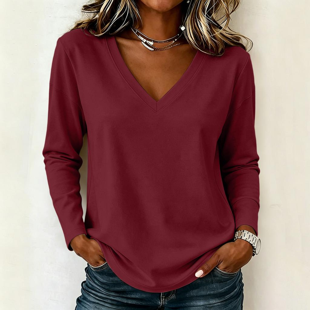 Damen Langarm Lockerer V-Ausschnitt Lässiger Pullover Top Leichter Weicher Dehnbarer Stoff Bequeme Alltagskleidung