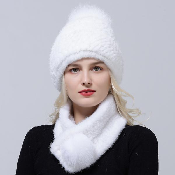 Zimowy Ciepły Damski Zestaw Czapka Szalik Dzianinowa Czapka z Pomponem Pokryta Futrem Norki Szalik z Naturalnego Futra Wysokiej Jakości