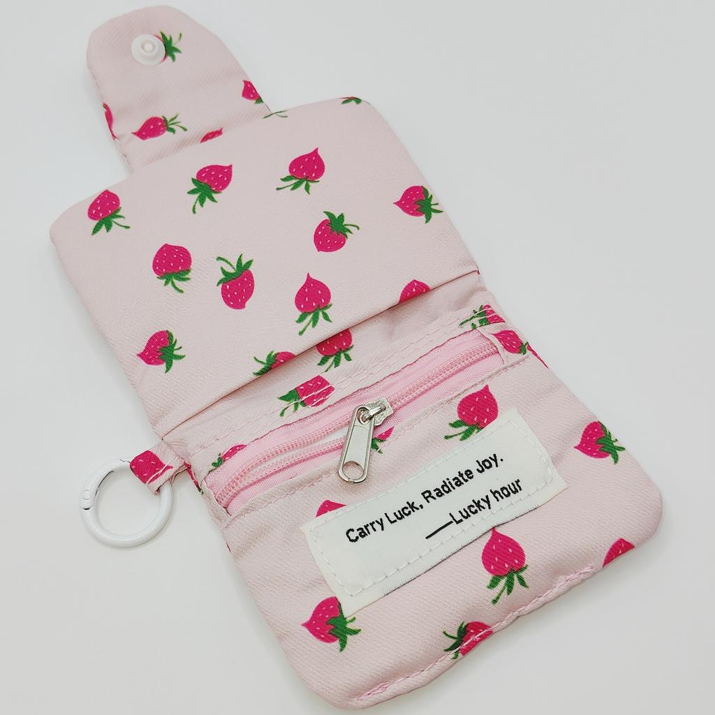 Mini Cute Flower Strawberry Canvas Card Holder Multi-Layer Coin Purse Women's Wallet Headphone Bag Storage Bag