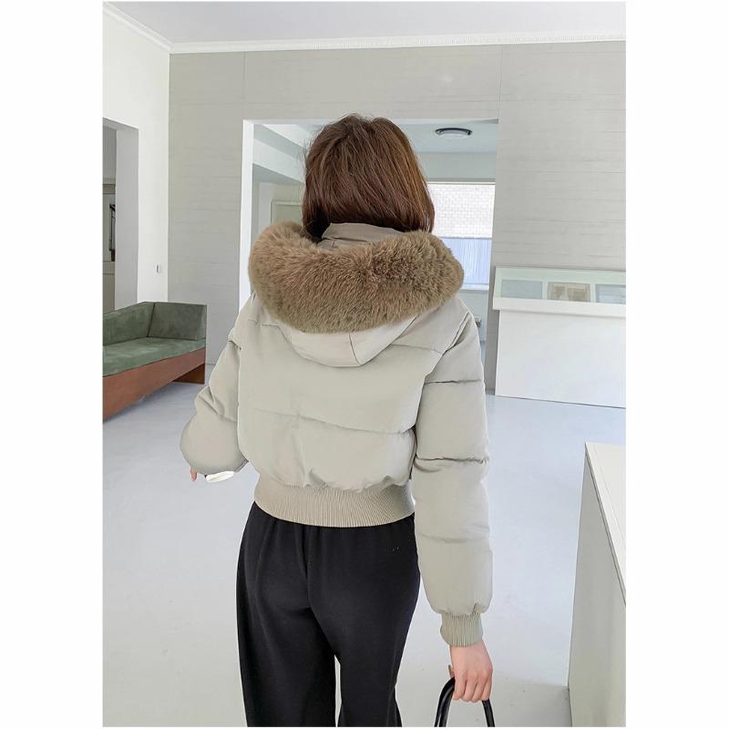 High waist retro big fur collar hooded short cotton coat women's winter velvet thickened bread clothes cotton coat