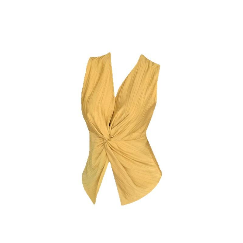 French fashion niche V-neck kink pleated sleeveless vest women's 1111 summer slim and thin hem split top