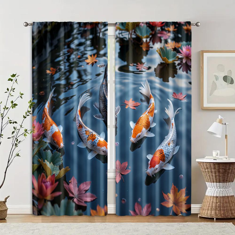 

2 шт., фильтрующие шторы (исключая удилища, неподвижный, без батареек) Яркая сцена с карпами кои для использования в спальнях и гостиных 29x65in(75x166cm)