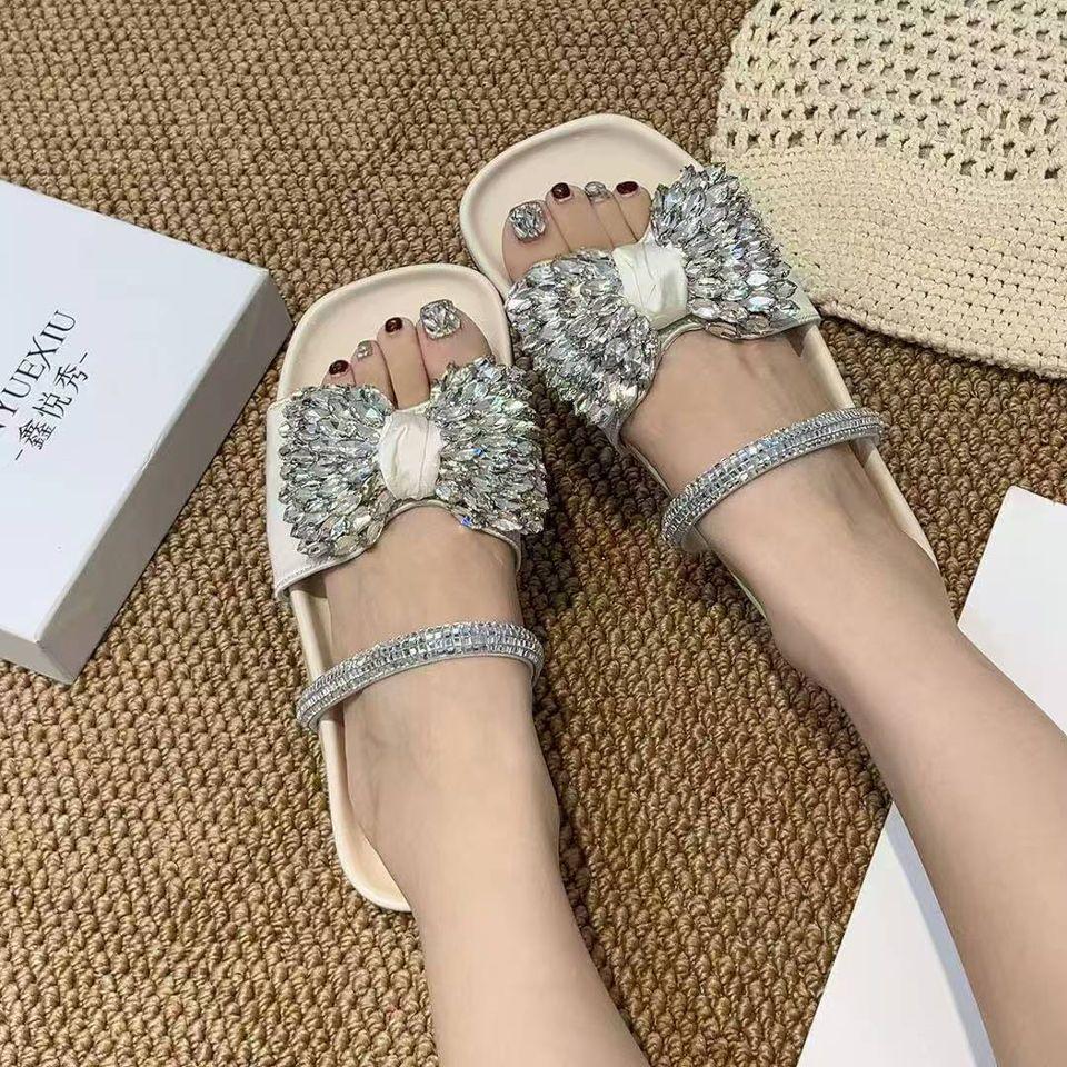 

2025 summer new fashion rhinestone bow with slippers women wear casual versatile cool slippers women 40