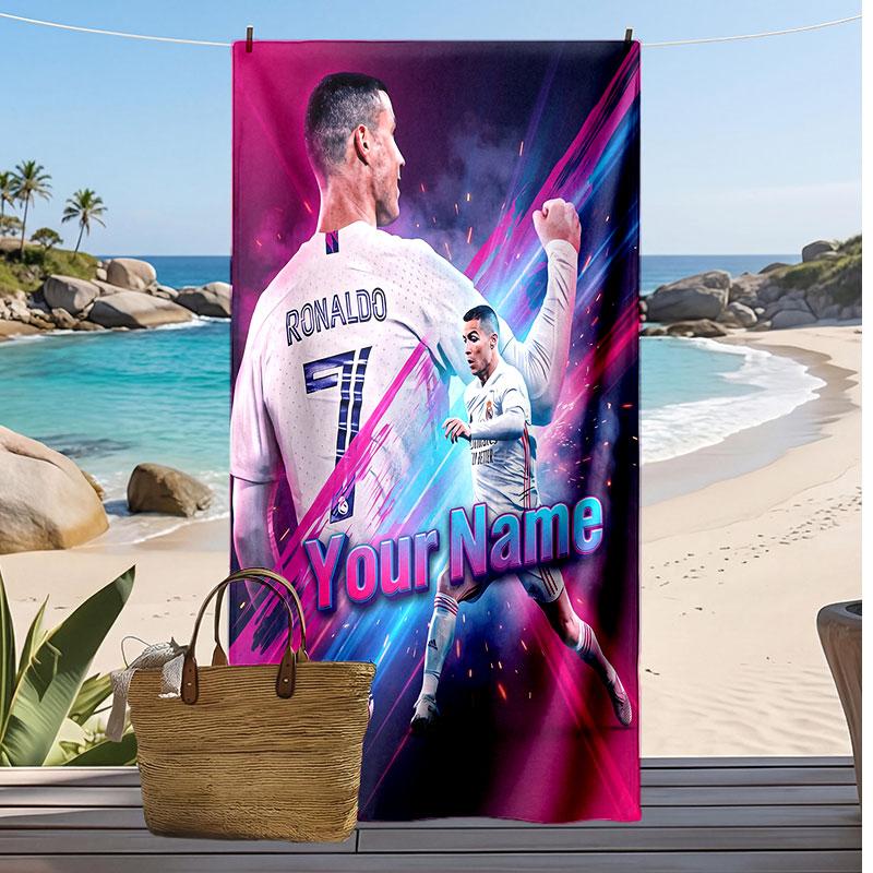 Asciugamano da Spiaggia Personalizzato Stampato Cristiano Ronaldo Logo Calcio Supporto Nome Personalizzato Testo Asciugamano Assorbente Per Sport Viaggio Regalo Speciale