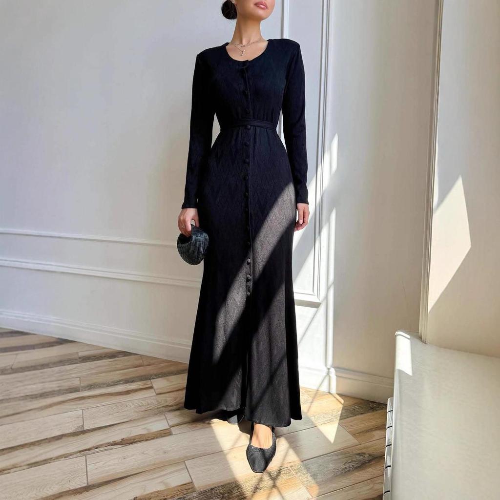 2025 Autumn Women's Slim Knit Wool Dress - Round Neck, Button & Tie Detail