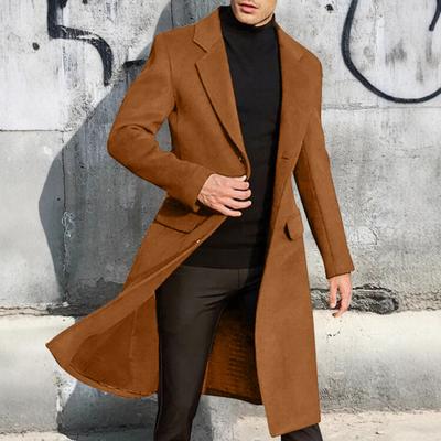 Men Woolen Coat Lapel Long Sleeve Buttons Placket Mid-length Coat Solid Color