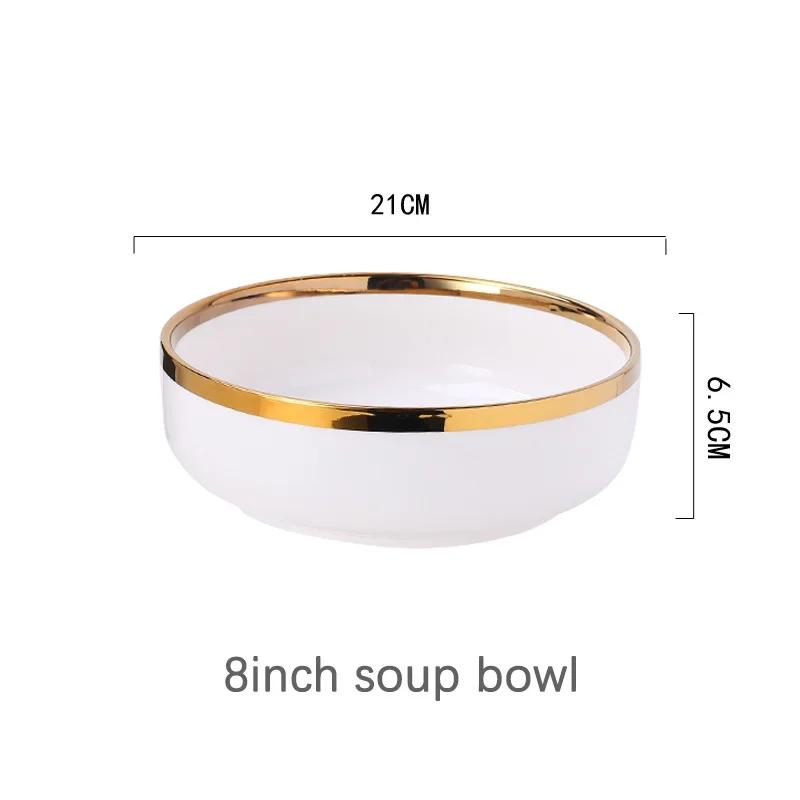 Gilt Rim White Porcelain Dinner Tray Food Dishes Rice Salad Noodles Bowl Ceramic Plates Bowls Kitchen Plates Ceramic Tableware