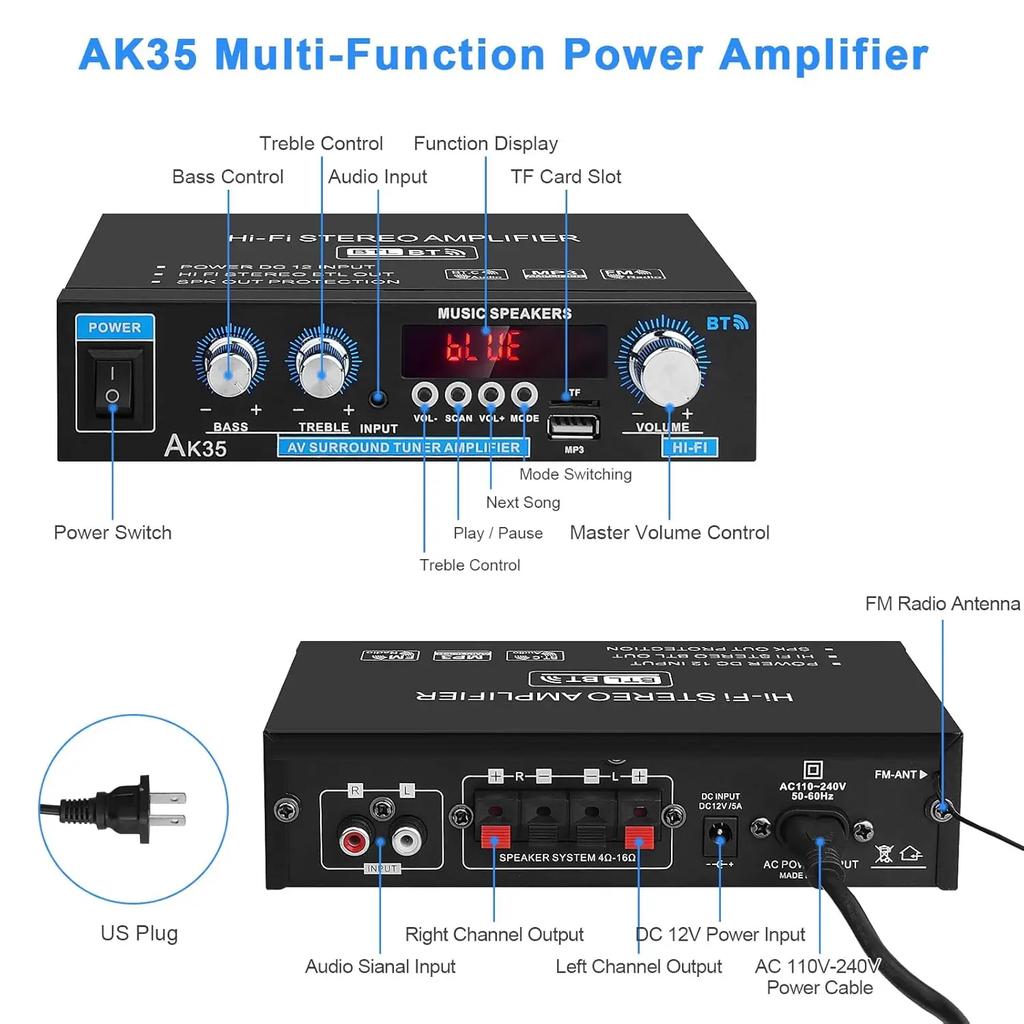 AK35 800W Heim-Leistungsverstärker 2-Kanal Bluetooth 5.0 Surround-Sound FM USB Fernbedienung Mini HIFI Digitaler Stereo-Verstärker