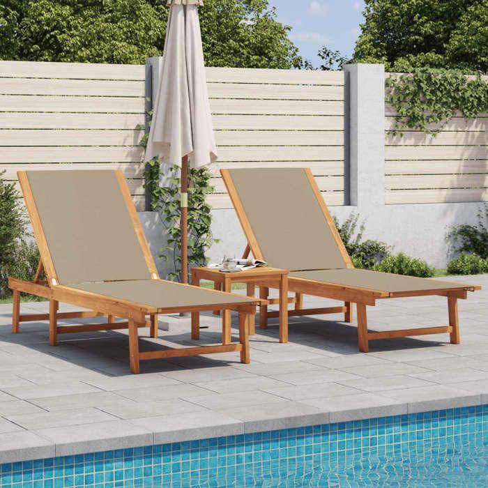 VidaXL Chaises longues lot de 2 taupe bois acacia solide et textilène, lit de soleil, lit de repos, chaise longue 3279251