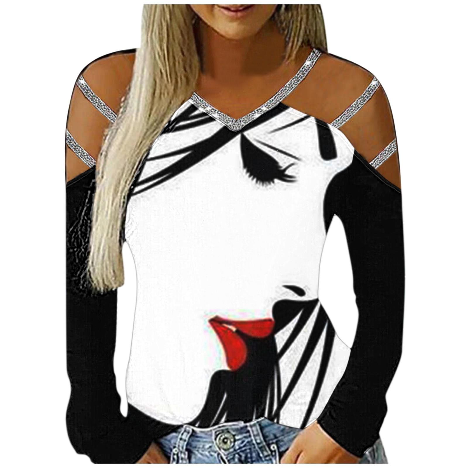 

Ladies Casual V-neck Bright Side Shoulder Strap Printing Fashion Long Sleeves S білий