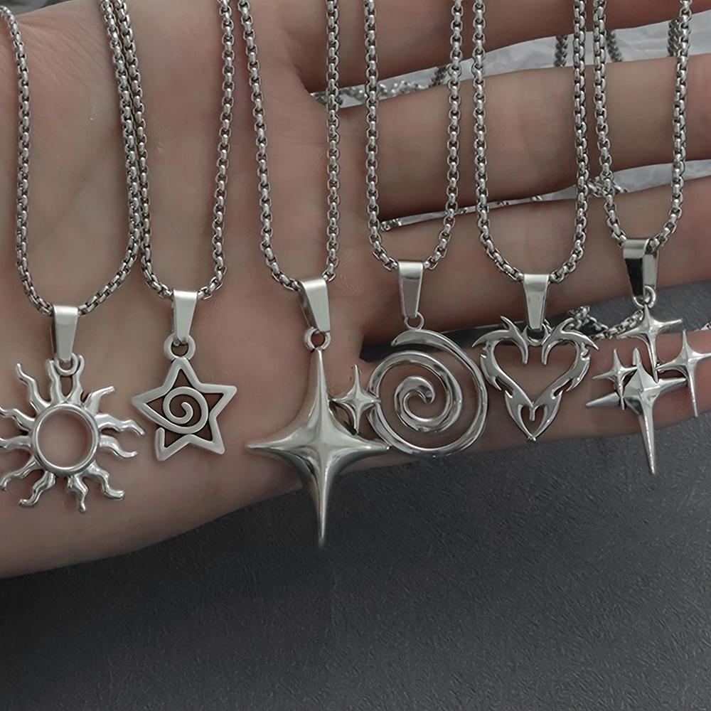 

Star Sun Spiral Pendant Necklace Set Silver Tone Geometric Star Chain Necklaces for Men Women Punk Streetwear