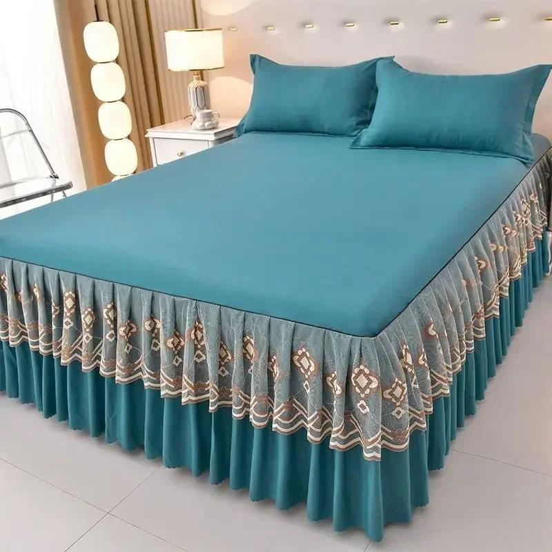 Lace Bed Skirt with Pillowcase Solid Color Bed Cover Skin-friendly Mattress Protector Cover Brushed Bed Linen for Home