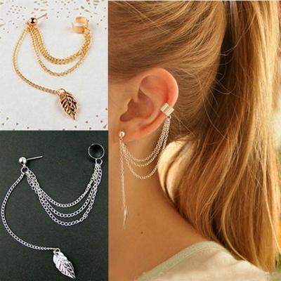1 Pair Fashion Personality Metal Ear Clip Single Leaf Tassel Earrings Cuff Women and Girls Caught In The Ear Ear Cuffs Jewelry