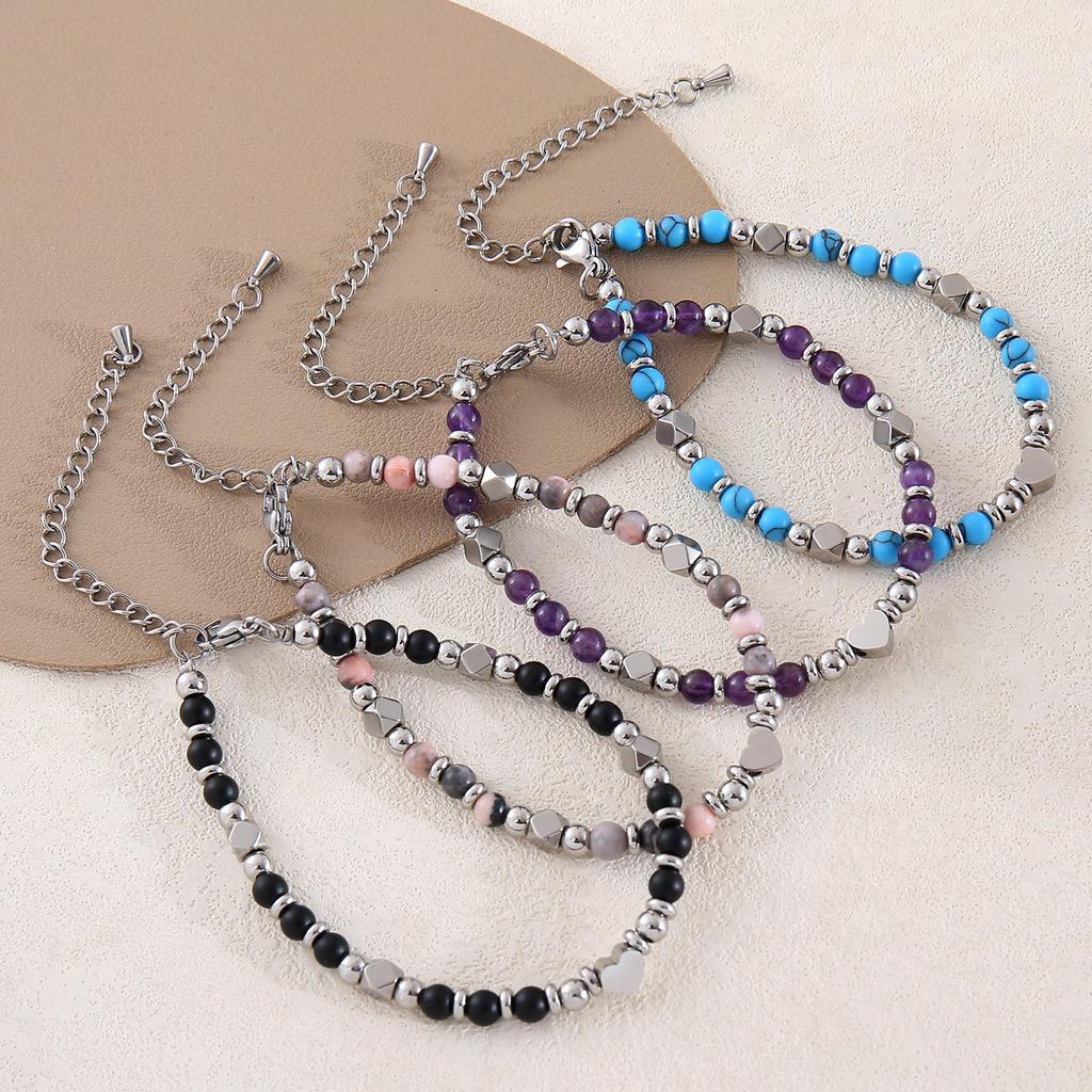 1pc Heart Shape Natural Stone Beaded Bracelet Stainless Steel Adjustable Chain Bracelet Retro Daily Wear Jewelry for Women Gifts