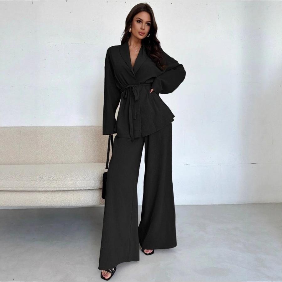 Fall Winter Fashion V-Neck Women's Elegant Long Sleeve Wide Leg Pantsuit