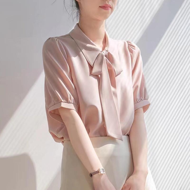Pink streamer chiffon short-sleeved shirt women's summer thin Korean gentle and sweet foreign style drape niche Hong Kong style shirt