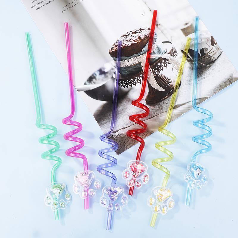 6Pcs Dog Paw Straws Birthday Party Supplies Reusable Drinking Straw Party Favors Sequin Quicksand Dog Paw Straws For Kids Party