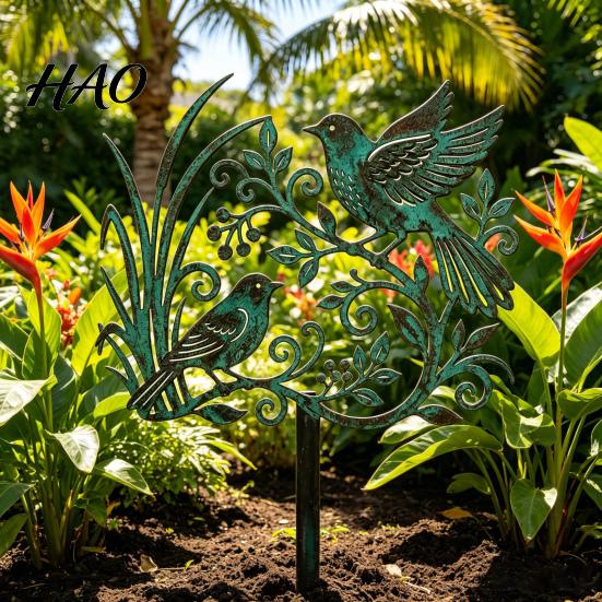 Rustic Copper Bird Statue Metal Garden Stake, Weather Resistant Iron Yard Art Ornament, Stake Decoration Retro Patina Finish Sign for Outdoor