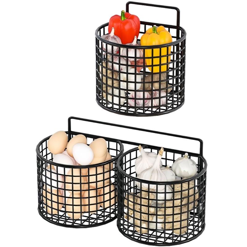1/2/3 Grid Wall Mounted Kitchen Shelf Organizer Metal Rack Pantry Storage Garlic Ginger Hanging Wire Basket Holder
